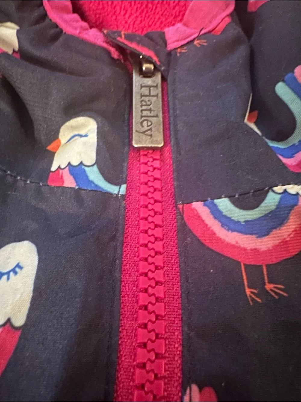 Hatley Navy Hooded Jacket with Pink Fleece Lining and Bird Print - size 8 kids